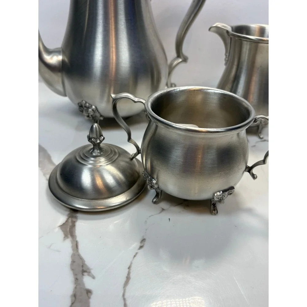 Boardman Pewter Tea Coffee‎ Set 3pc Rams Head Feet Teapot Sugar Creamer